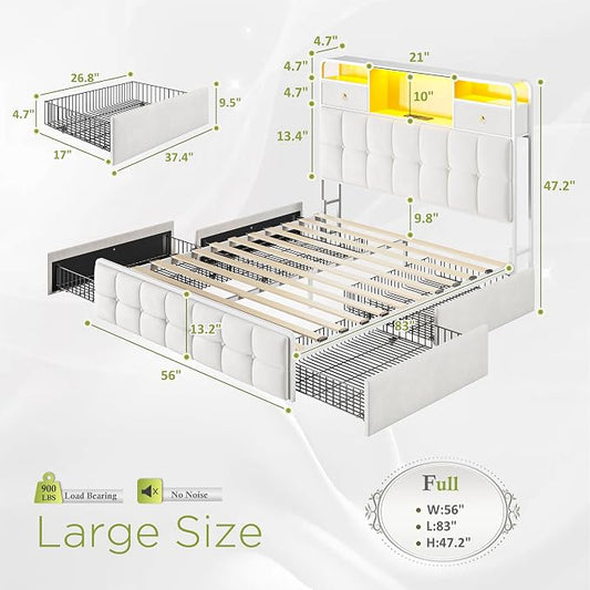 EnHomee Full Size Bed Frame with Velvet Upholstered Headboard and 6 Storage Drawers,Modern Bed Frame Full with LED Lights and Charging Station,No Box Spring Needed,Noise-Free, Easy Assembly,Beige