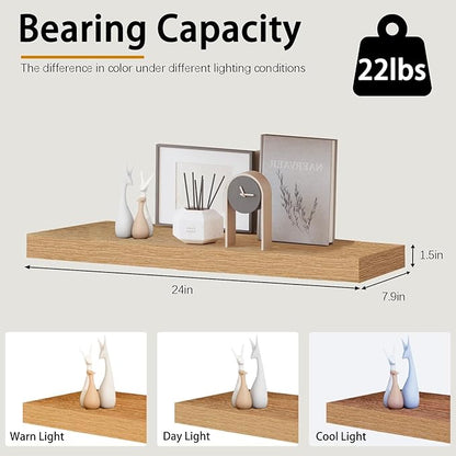 Oak Floating Shelves for Wall，24in Wall Mounted Display Ledge Shelves Perfect for Bedroom, Bathroom, Living Room and Kitchen Decoration Storage (Oak, Set of 2)
