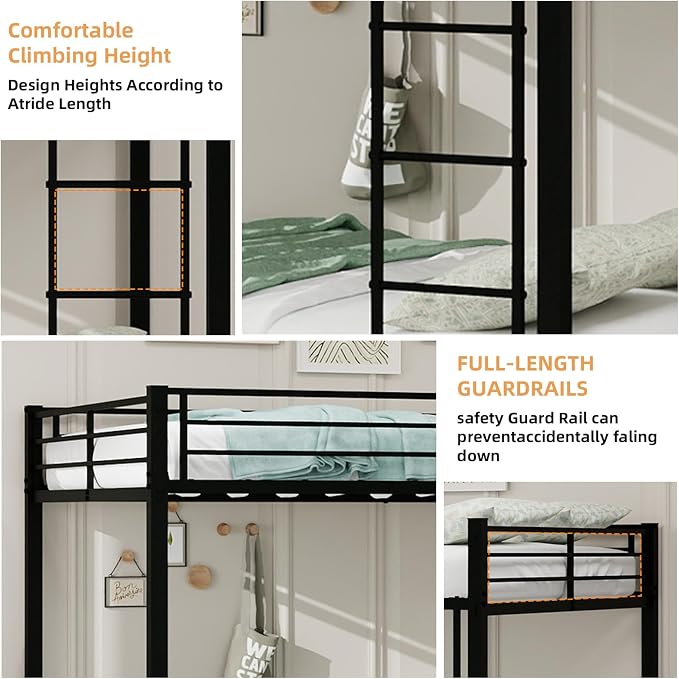 Metal Bunk Bed with Trundle, Space-Saving Bunk Bed Full Over Full with Ladders and Safety Guardrail, Heavy Duty Full Bed Frames, No Box Spring Needed and Noise Free(Black)