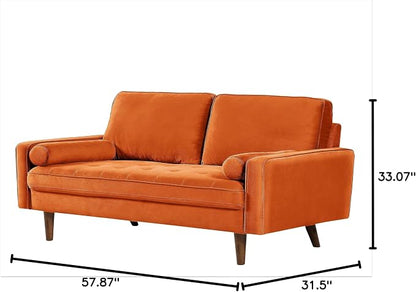Container Furniture Direct Velvet Tufted Sofas for Living Room, Classic Mid-Century Style with Modern Silhouette, Button Tufting and Wood Legs, Includes 2 Bolster Pillows, Loveseat, Orange