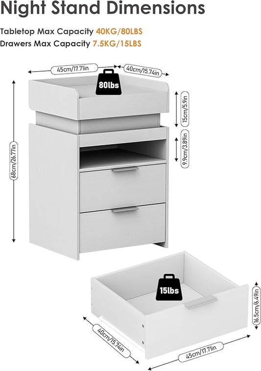 White Nightstand with Charging Station, Hidden Sliding Top Compartment with USB-C, 2 USB Ports & 2 Outlets, Modern Night Stand with Drawers for Bedroom