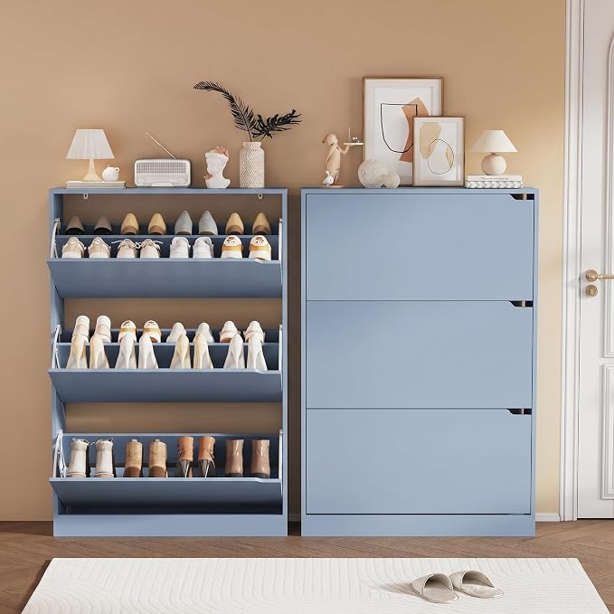 Shoe Storage Cabinet, Wood Shoe Organizer for Entryway with 3 Flip Drawers, Freestanding Shoe Rack with Adjustable Shelf, Narrow Shoe Dresser for Front Door Entrance (Blue, Standard 3 Drawers)