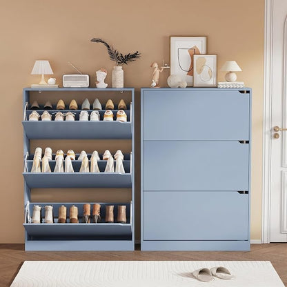 Shoe Storage Cabinet, Wood Shoe Organizer for Entryway with 3 Flip Drawers, Freestanding Shoe Rack with Adjustable Shelf, Narrow Shoe Dresser for Front Door Entrance (Blue, Standard 3 Drawers)