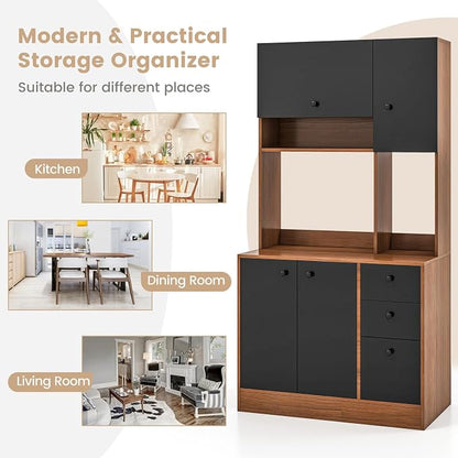 Giantex Kitchen Pantry, Buffet Hutch with 3 Storage Cabinet, 71'' Floor Large Cupboard with 3 Deep Drawers, Wide Countertop, Adjustable Shelves, Tall Sideboard (Walnut & Black)