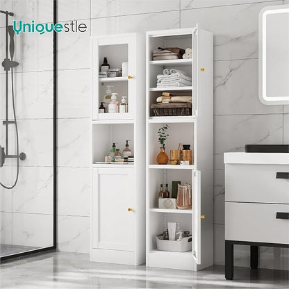 67" Tall Narrow Storage Cabinet with Glass Door and Open Shelf,Metal Pantry Cabinet with Adjustable Shelves,Shaker Style Slim Cabinet for Bathroom Kitchen Small Spaces, White, 1Pc