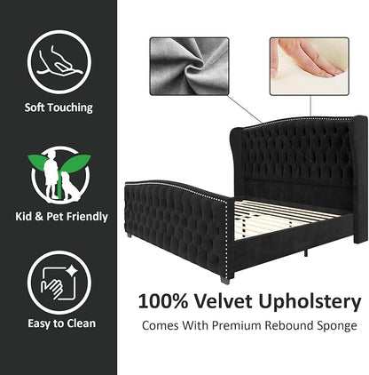 AMERLIFE Queen Size Platform Bed Frame, Velvet Upholstered Bed with Deep Button Tufted & Nailhead Trim Wingback Headboard/No Box Spring Needed/Black