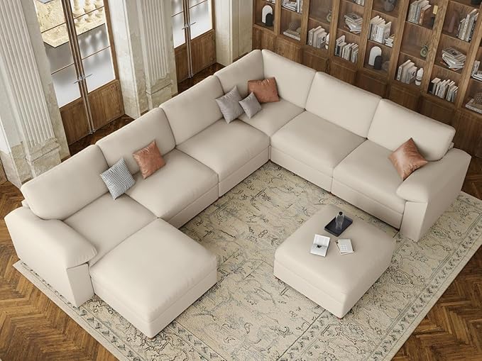 EASE MOOSE Faux Leather Sectional Couch, Oversized Modular Sofa, Modern Comfy Modular Couch, Scratch Resistant Material Sofas, U Shaped Couch for Big Spaces, Beige