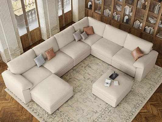 EASE MOOSE Faux Leather Sectional Couch, Oversized Modular Sofa, Modern Comfy Modular Couch, Scratch Resistant Material Sofas, U Shaped Couch for Big Spaces, Beige