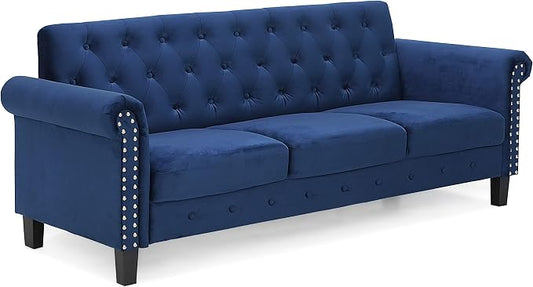 Furinno Bastia Vintage Modern Chesterfield Button Tufted 3-Seater Sofa Couch for Living Room, Navy Velvet