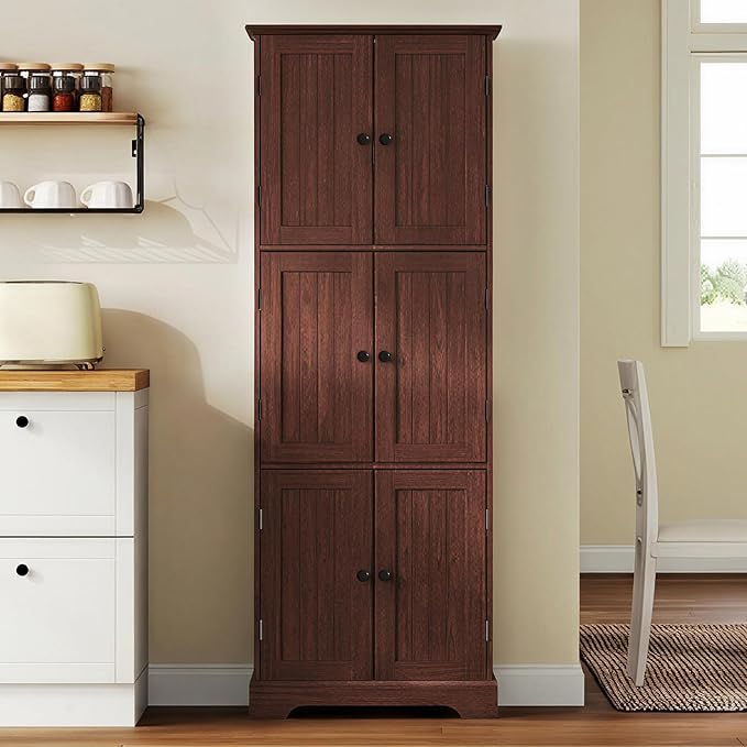 ChooChoo Tall Bathroom Storage Cabinet with 6 Doors, Freestanding Floor Cabinet with Adjustable Shelves, Rustic Walnut Pantry Cabinet for Bathroom, Kitchen, Laundry Room