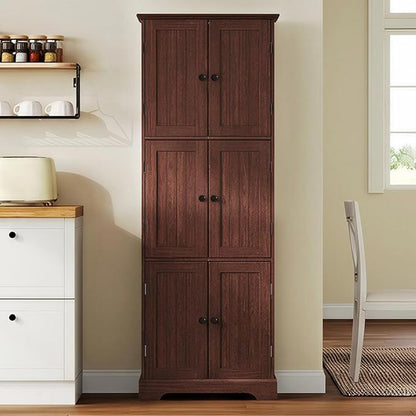 ChooChoo Tall Bathroom Storage Cabinet with 6 Doors, Freestanding Floor Cabinet with Adjustable Shelves, Rustic Walnut Pantry Cabinet for Bathroom, Kitchen, Laundry Room