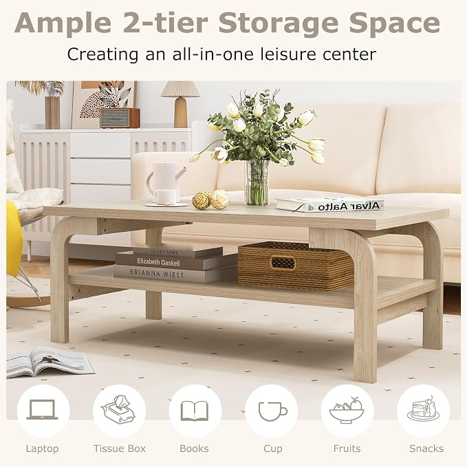 Giantex 2-Tier Coffee Table with Storage, 47” Mid Century Rectangle Accent Table with Open Shelf, Large Tabletop & Curved Legs, Rustic Style Wood Cocktail, Center Table for Living Room, Natural