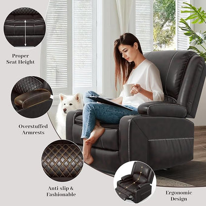 Yolsali Recliner Chairs for Adults, Oversize Manual Reclining Chair with 2-Tier Cushions, Faux Leather Recliner Chair with Hidden Storage Space, Living Room Recliner Chairs with Cup Holders - Brown