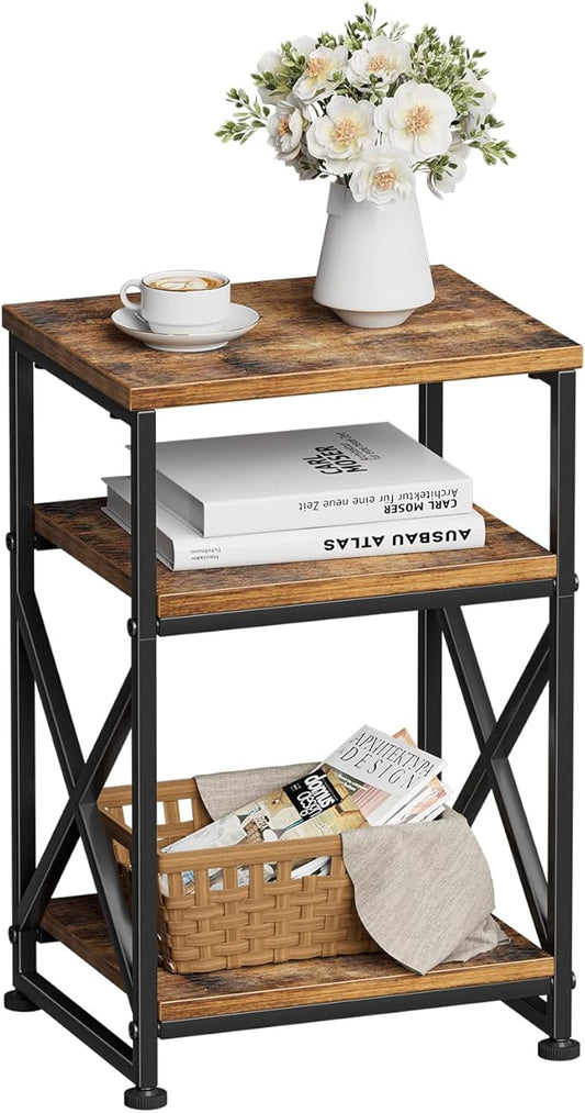 Simple Trending Side Table, End Table with 3 Tiers Open Shelves, Bedside Table for Sofa Couch, Nightstand, Living Room, Bedroom, Rustic Brown