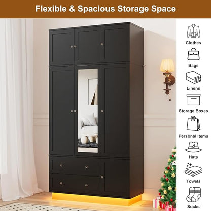 92.2" Tall Armoire Wardrobe Closet with Mirror & Motion Sensor Light, Large Storage Cabinet with 2 Drawers, Hanging Rod & Adjustable LED Strip, Anti-Tipping Wood Bedroom Furniture, 47.4"L, Black