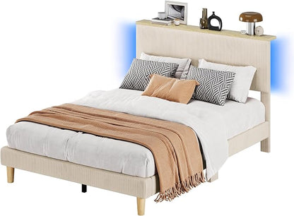 Bestier Twin Bed Frame with LED Lights& Shelf, Corduroy Upholstered Platform Bed with Adjustable Headboard, Solid Wood Legs, Noise-Free, Easy Assembly, Beige for Bedroom