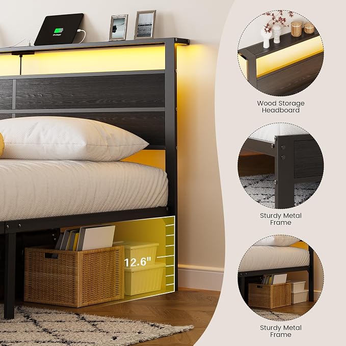 Liians Black King Size Bed Frame with LED Lights and Charging Station, King Size Platform Bed with Metal Slats and Wood Headboard, No Box Spring Needed