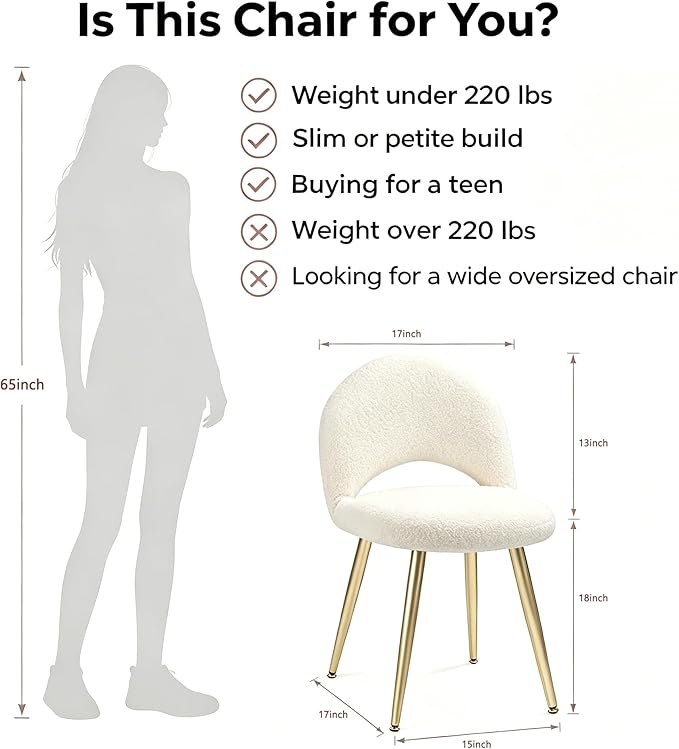 Vanity Chair with Adjustable Backrest Boucle Upholstery Amless Makeup Stool, White Sherpa Vanity Stool with Gold Metal Legs forBedroom Living Room Kitchen Dinning Room (Off White)