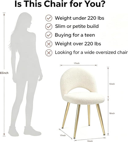 Vanity Chair with Adjustable Backrest Boucle Upholstery Amless Makeup Stool, White Sherpa Vanity Stool with Gold Metal Legs forBedroom Living Room Kitchen Dinning Room (Off White)