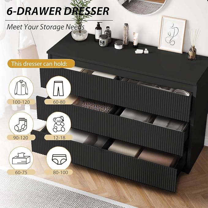Jocoevol 6 Drawer Fluted Dresser, Modern Chest of Drawers for Bedroom with Hidden Handles, Wood Storage Organizer Cabinet for Living Room & Entryway, Black (15.7" D x 47.3" W x 31.6" H)
