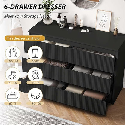 Jocoevol 6 Drawer Fluted Dresser, Modern Chest of Drawers for Bedroom with Hidden Handles, Wood Storage Organizer Cabinet for Living Room & Entryway, Black (15.7" D x 47.3" W x 31.6" H)