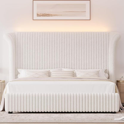 Keyluv King Bed Frame with 54.3” Tall Faux-Fur Wingback Headboard, Upholstered Platform Bed with LED Light, Mattress Foundation with Solid Wooden Slats Support, No Box Spring Needed, Noise-Free, Beige