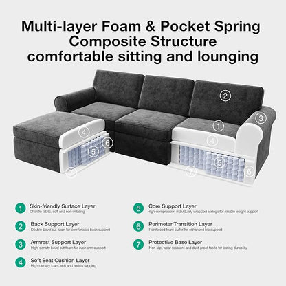 Novilla 108" Modular Sectional Sofa, Modular Sectional Couches for Living Room Bedroom, Chenille Removable Cover Cloud Couch Sectional with Smarts Coil® Support L-Shaped Couch(Dark Grey, Armless Seat)