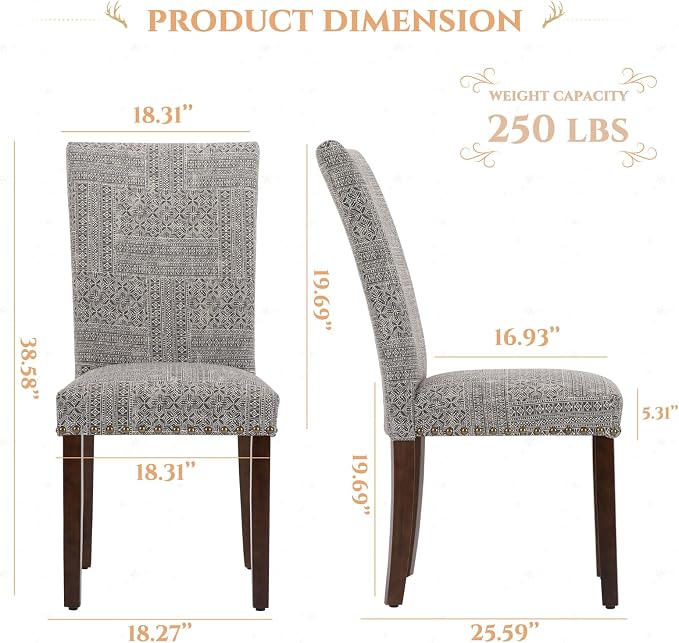 Parsons Dining Chairs Set of 6, Upholstered Nailhead Dining Room Kitchen Side Chair with Thick Cushions and Wood Legs, Black/White