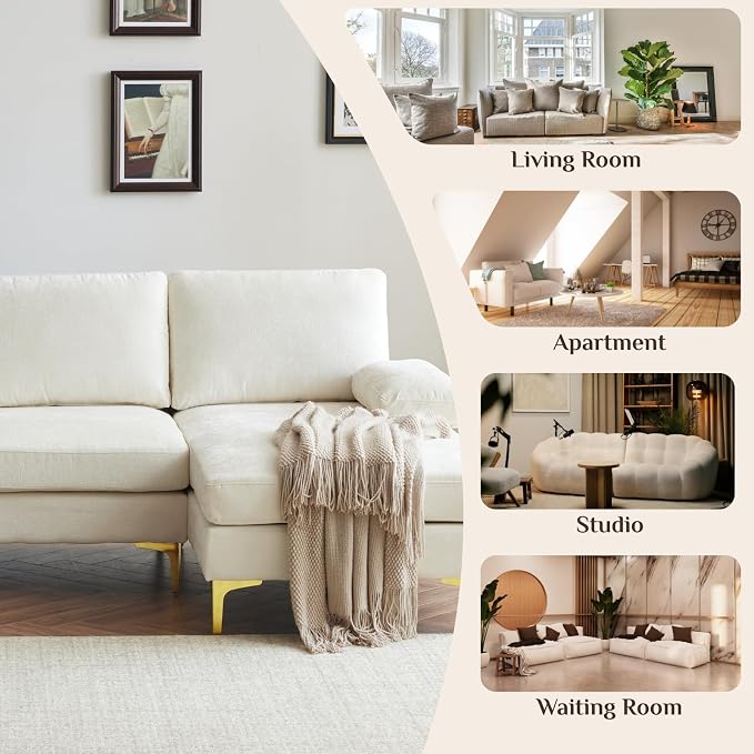 Karl home Convertible Sectional Sofa 110" U-Shape Sofa Couch 4-Seat Couch with Chaise ChenilleFabric Upholstered for Living Room, Apartment, Office, Creamy White