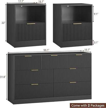 3 Pcs Black Dresser & Nightstand Set, 7 Drawer Dressers and Night Stand Set of 2 with Metal Handle, Fluted Modern Wood Chest of Drawers Storage Dressers Set for Bedroom, Black