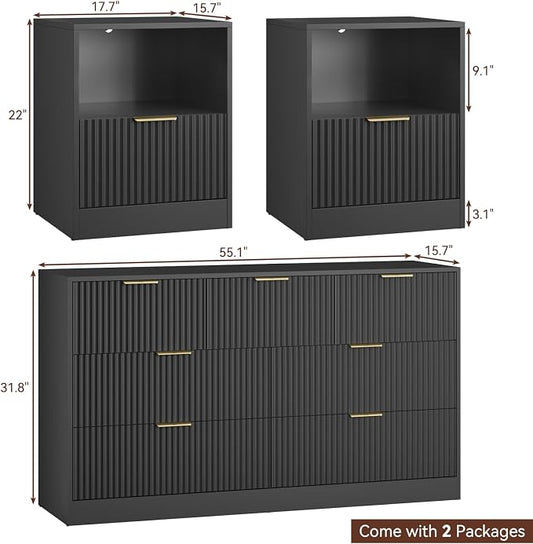 3 Pcs Black Dresser & Nightstand Set, 7 Drawer Dressers and Night Stand Set of 2 with Metal Handle, Fluted Modern Wood Chest of Drawers Storage Dressers Set for Bedroom, Black