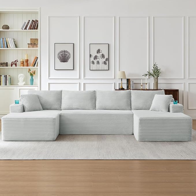 125" Modular Sectional Sleeper Sofa, Boneless Cloud Couch for Living Room, U Shaped 5 Seat Sofa with 2 Storage Pockets& 2 Cup Holders, Free Combination, No Assembly Required (Light Grey, 125")