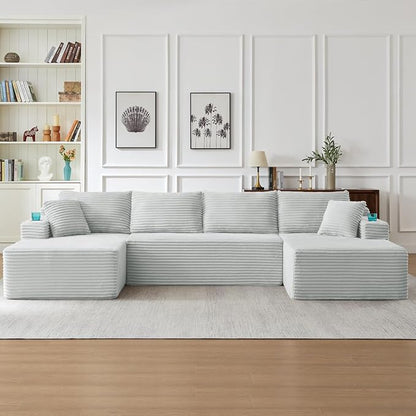 125" Modular Sectional Sleeper Sofa, Boneless Cloud Couch for Living Room, U Shaped 5 Seat Sofa with 2 Storage Pockets& 2 Cup Holders, Free Combination, No Assembly Required (Light Grey, 125")