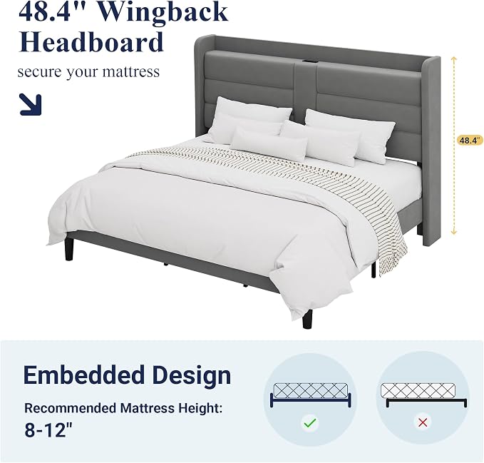 Allewie King Size Platform Bed Frame with Charging Station & Storage Headboard, Upholstered Velvet Wingback Design & USB Port, Strong Wooden Slats Support, No Box Spring Needed, Easy Assembly, Grey
