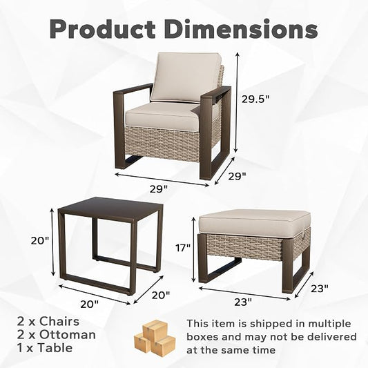 Joyside Outdoor Patio Chairs, 4 Pieces Wicker Rattan Furniture Set, 2 Patio Chairs, 2 Ottoman and 1 Table, Metal Wide Armrest, Thick Cushions and Deep Seating for Garden, Backyard, Porch, Deck