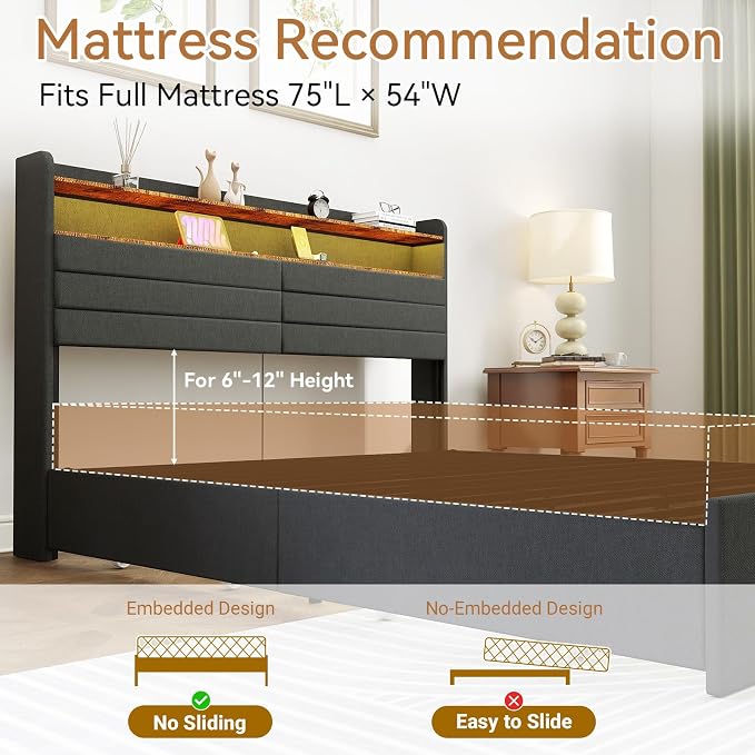 Kiivakii Full Size Bed Frame with 4 Drawers, Heavy Duty Metal Full Bed Frame with LED Lights, Charging Station, Upholstered Headboard, 800LBS Weight Capacity, Noise Free, Gray