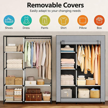 Simple Deluxe Wardrobe with lid, Clothes Rack for Hanging Clothes, 40.7"W x 17.5"D x 64.2"H Garment Rack，Max Load 143LBS，Black Rack with Gray Cover