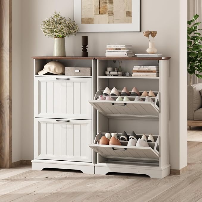 Shoe Storage Cabinet with 2 Flip Drawers, 24" W Farmhouse Modern Hidden Shoes Rack Cabinet with Adjustable Shelves & Open Storage, Narrow Slim Shoe Organizer for Entryway, Hallway, Antique White