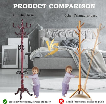 Coat Racks FreeStanding with 14 Hooks, Natural Wood Coat Rack with Solid Round Base, Adjustable Height Coat Racks, Easy Assembly for Hallway, Bedroom and Office (Reddish brown-Tray)