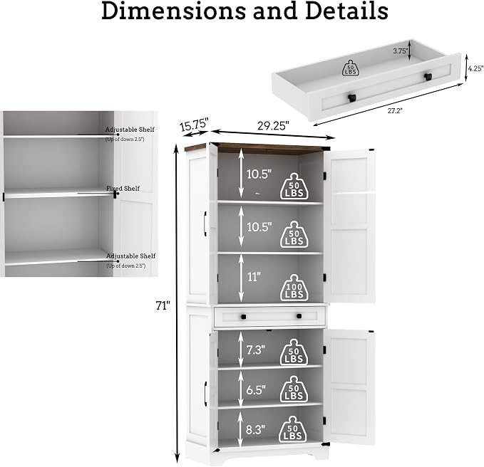 71" Tall Kitchen Pantry Storage Cabinet with Drawer & 4 Barn Doors, Freestanding Storage Cupboard with Adjustable Shelves, Large Capacity Floor Cabinet for Kitchen, Dining Room, Bathroom, White