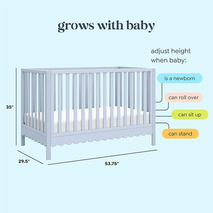 Davinci Sammy Scallop 4-in-1 Baby Crib & Mattress Bundle - Powder Blue | Low-Profile Crib Convertible to Toddler Bed, Daybed, Full Bed - Easy to Assemble - Includes Mattress w/ Waterproof Cover