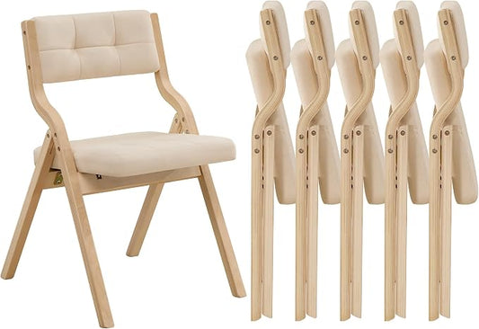 Folding Dining Chairs with Cushion Set of 6,Padded Foldable Dining Chairs,Portable Wooden Folding Chairs with Seat for Dining Rooms Kitchen Wedding Party Indoor Velvet Khaki