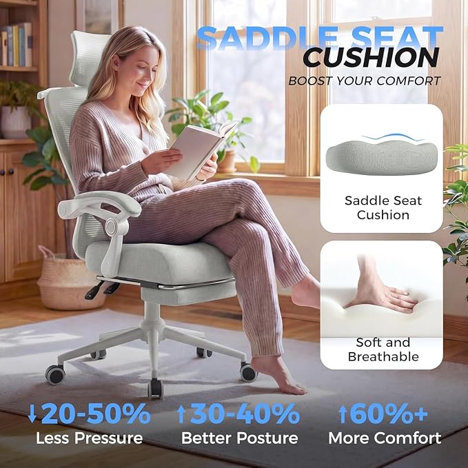 CYKOV Ergonomic Office Chair with Footrest - Adjustable Lumbar Support & Headrest, 90-135° Reclining Mesh Back Computer Chair - Home Office/Gaming, 350lbs Capacity