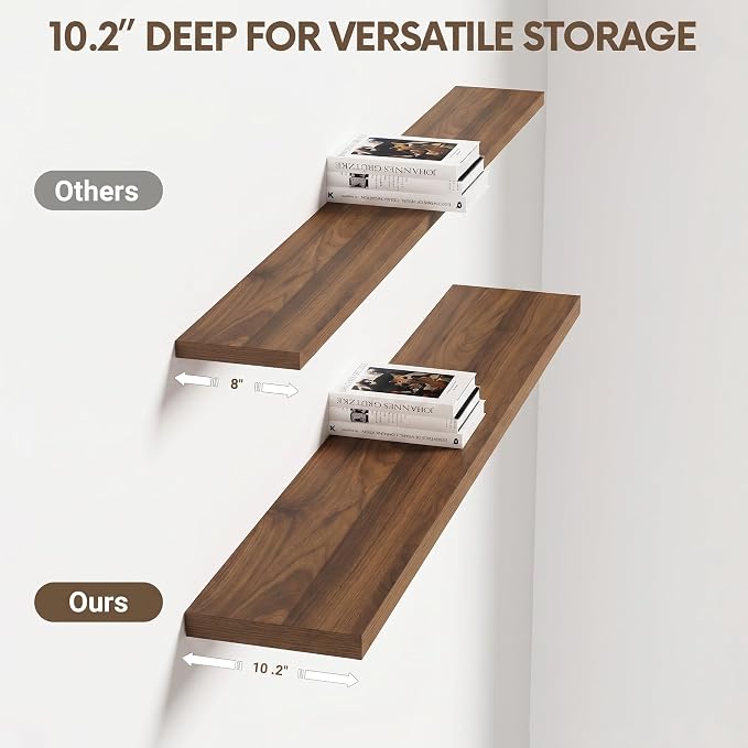 Vivelove 48 Inches Floating Shelves Wall Mounted, 10" Deep Wall Shelves for Bedroom, Bathroom, Living Room, Kitchen, Office, Home Decor, Modern Shelf, Set of 2, Walnut, 48x10.2x1.5