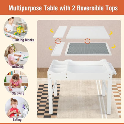 Costzon Kids Table, 3 in 1 Wood Building Block Desk w/Storage, Paper Roll, Reversible Tabletop for Toddler Arts, Crafts, Drawing, Reading, Playing, Gift for Boys Girls, Activity Table (White)