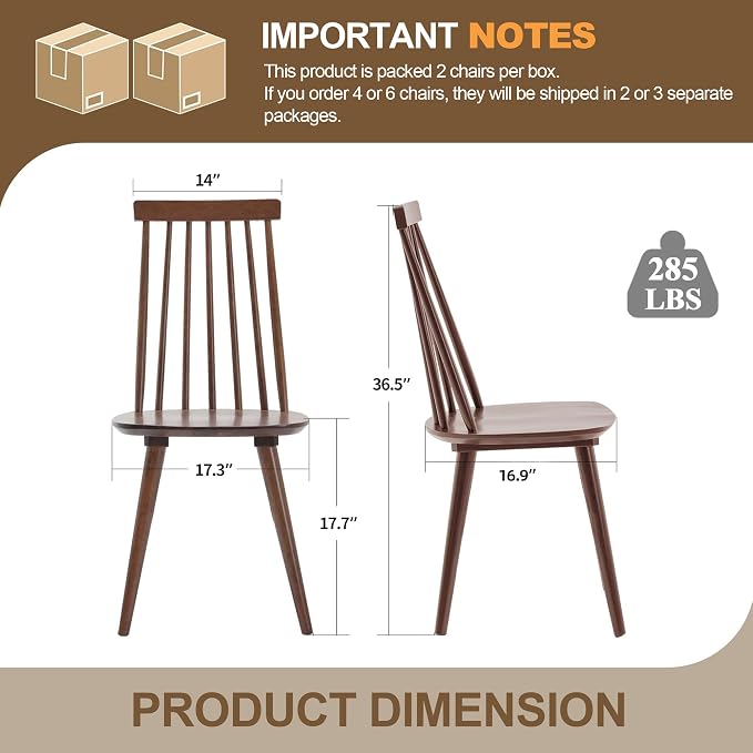 DUHOME Walnut Windsor Wooden Dining Chairs Set of 4, Wood Dining Room Chair Spindle Side Kitchen Room Country Farmhouse Chairs Walnut