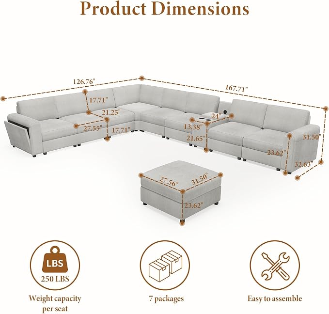 Vesgantti Oversized Modular Sectional Sofa, 8-Seater Chenille L Shaped Modular Couch with Ottoman, 2 Cup Holders, USB Port, Storage Box, Sectional Couches for Living Room, Meeting Room, Light Grey