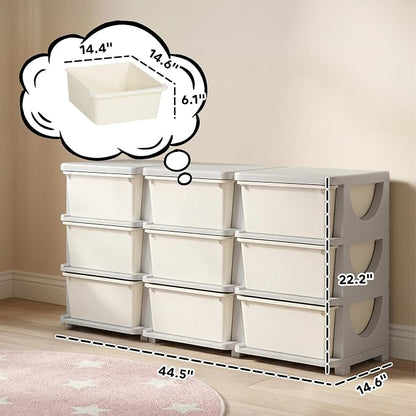 Qaba 3 Tier Kids Storage Unit, Toy Organizers and Storage with 9 Drawer Chest for Kids Bedroom Nursery Kindergarten Living Room for Boys Girls Toddlers, Cream White