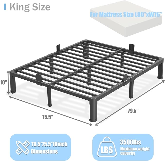 Yitong Angel 10 inch King Size Bed Frame with Round Corner Legs Mattress Slide Stopper,Low Profile Heavy Duty Metal Platform,Steel Slat Support,No Box Spring Needed,Easy Assembly,Noise Free