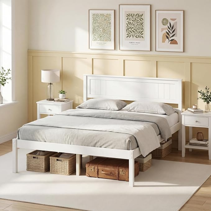 Giantex Full Size Wood Platform Bed Frame with Headboard, Mid Century Solid Wood Mattress Foundation with Slat Support, Double Bed Frame w/16 Under-Bed Storage, No Box Spring Needed (White)